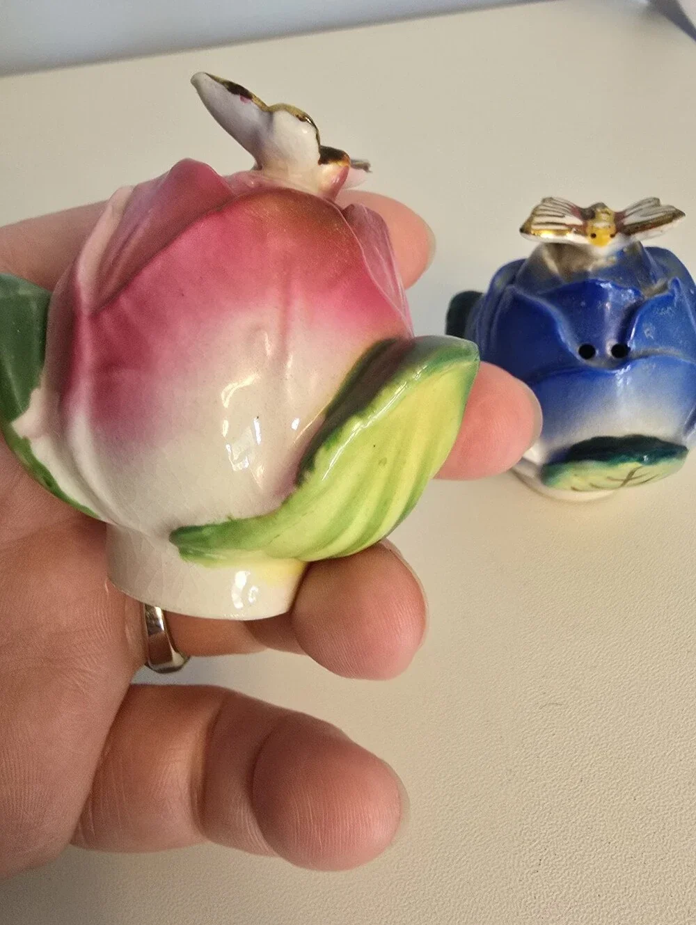 Vintage Ceramic Porcelain? Rose Buds with Butterfly Salt & Pepper Shakers Japan